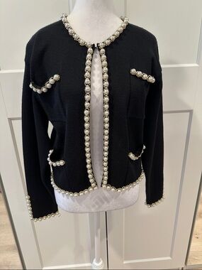 Pearl-Trim Black Knit Cardigan Jacket
